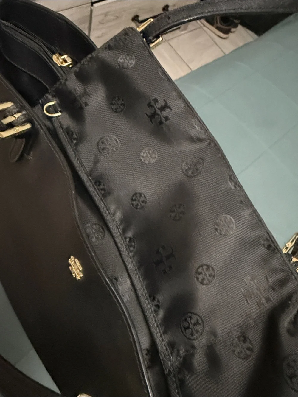 Tory Burch Black Saffiano Leather Shoulder Tote with Gold Logo